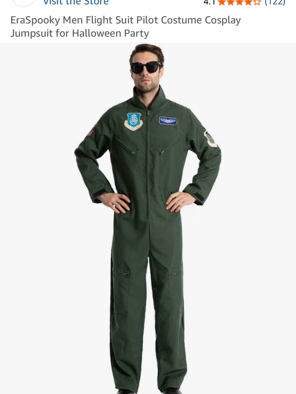 EraSpooky Men’s XL Top Gun Pilot Flight Suit Halloween Costume + Aviators